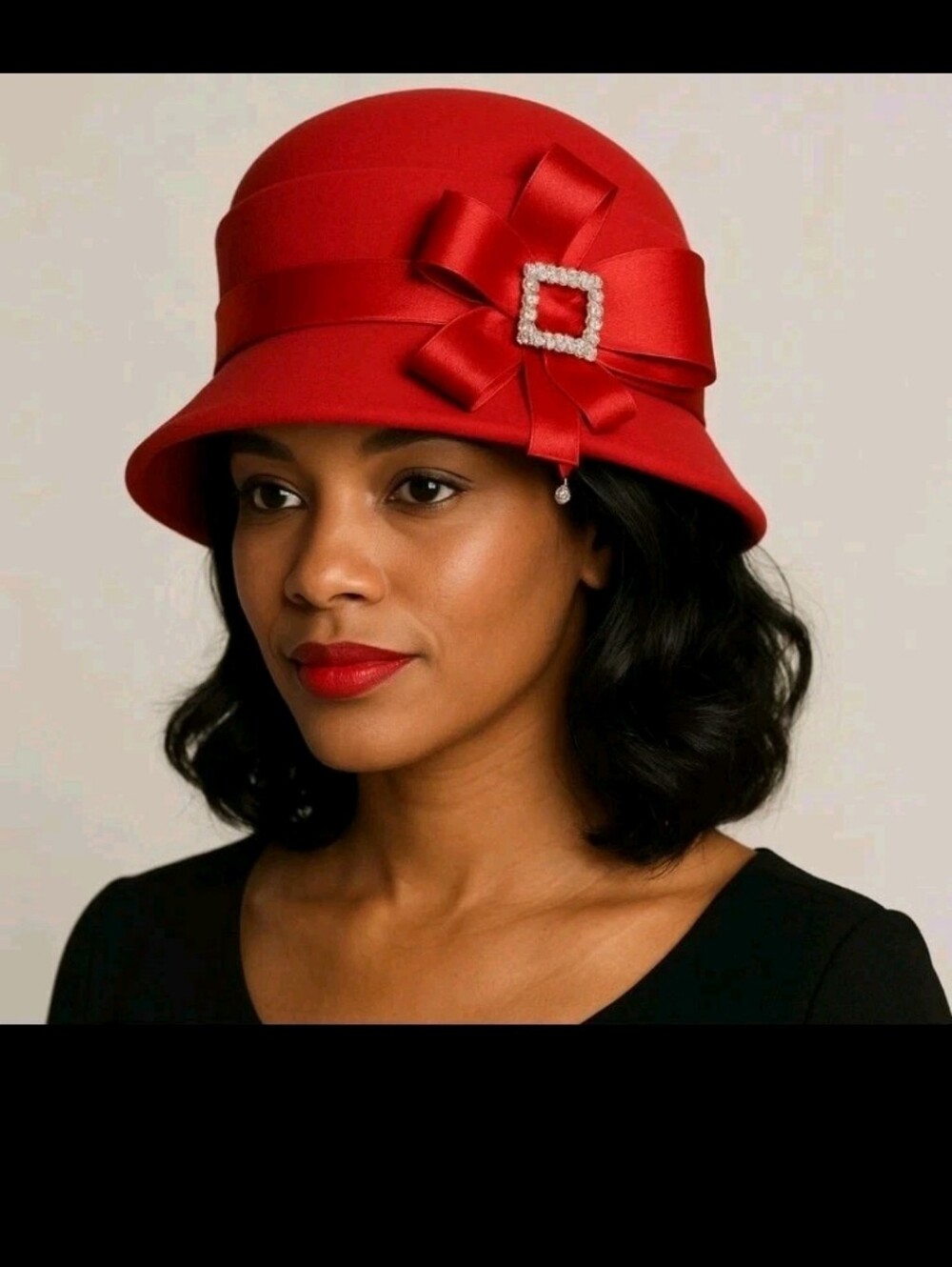 Red Dress Hat Cloche Style w/ Satin Bow & Rhinestone Buckle Derby Church